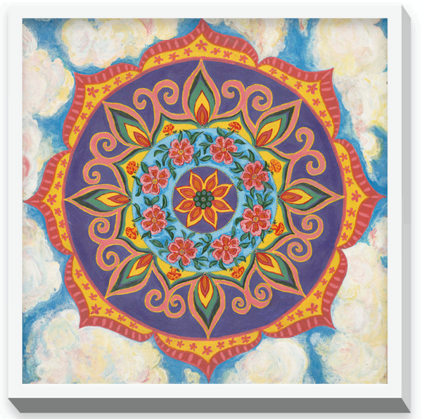 The 8 x 8 inch Grace and Ease Mandala Print by I Love Mandalas features red flowers, green leaves, and orange patterns on a purple background with yellow-orange borders and white clouds—a stunning limited edition serenity decor piece.