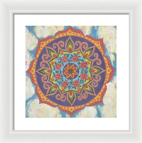 The 8 x 8 inch Grace and Ease Mandala Print by I Love Mandalas features vibrant floral and leaf patterns in red, orange, green, and blue on a cloudy sky background in a white square frame—perfect for adding serenity to your decor.