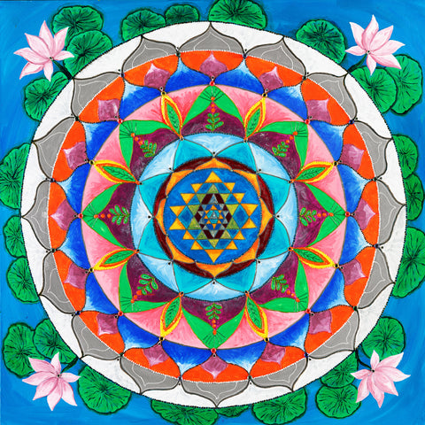 The Evolutionary Man - T-Shirt by Pixels features a vibrant, symmetrical mandala with geometric blue, red, green, and orange patterns, lotus flowers, and lily pads on a blue background. Printed on soft, machine-washable cotton-poly blend.