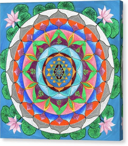Evolutionary Man - Canvas Print by Pixels features a vibrant mandala of blue, green, pink, purple, and orange with lotus flowers and green leaves on a blue background. Premium stretched canvas, ready to hang.